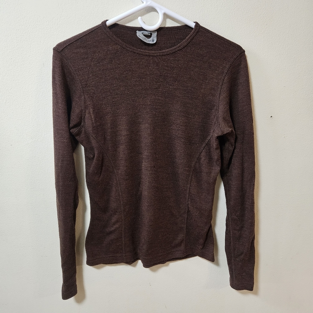 Smartwool women's 100% merino long sleeve baselayer. Heathered brown, size M